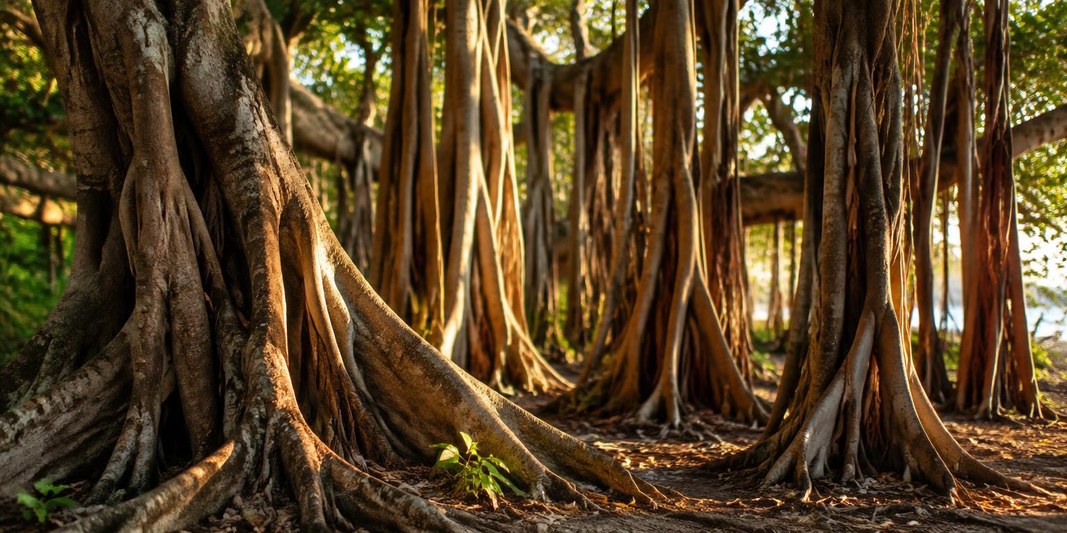 Aerial roots of an old banyan tree in warm afternoon light