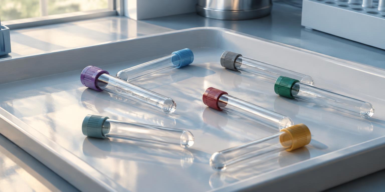 Glass collection tubes with colored caps resting on a clean tray in daylight