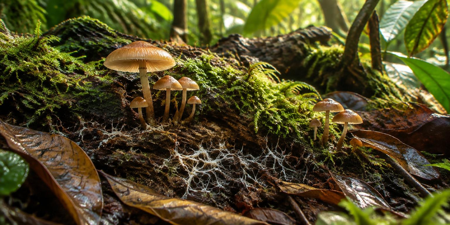 Wild mushrooms and fine white mycelium among moss and rainforest leaf litter